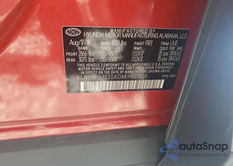 2019 Hyundai Santa Fe Sel from USA, damaged, VIN 5NMS33AD6KH027824